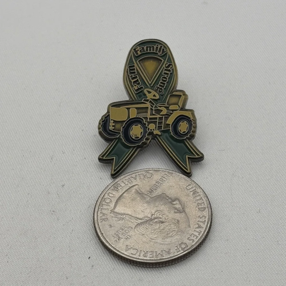 Farm Family Strong Green Ribbon Tractor Mower Lapel Hat Pin Crown Awards